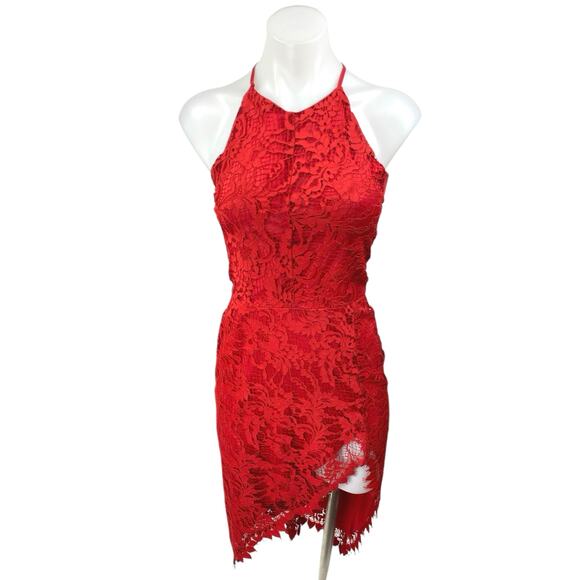 For Love & Lemons Red Floral High Neck Lace Asymmetrical Sleeveless Mini Dress S - Picture 1 of 5